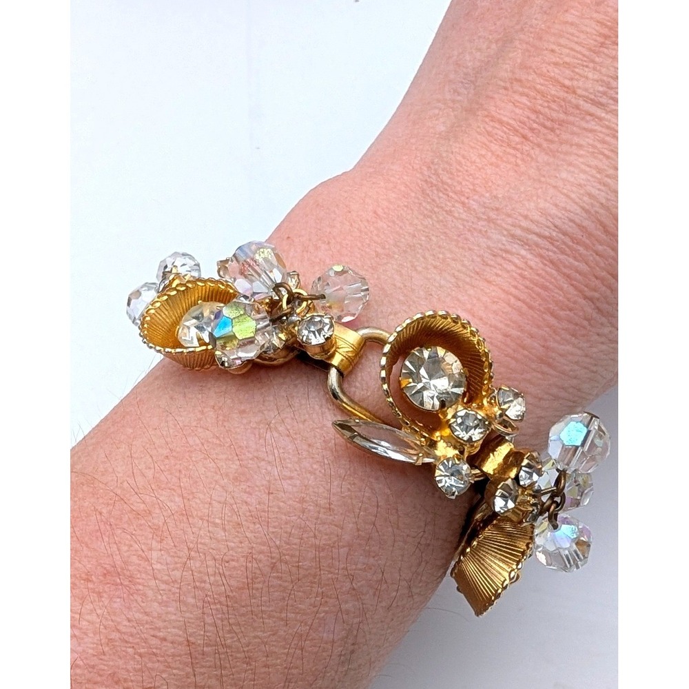 Vintage Gold Tone AB Crystal Rhinestone Link Bracelet Mid Century Glamour 7.75in